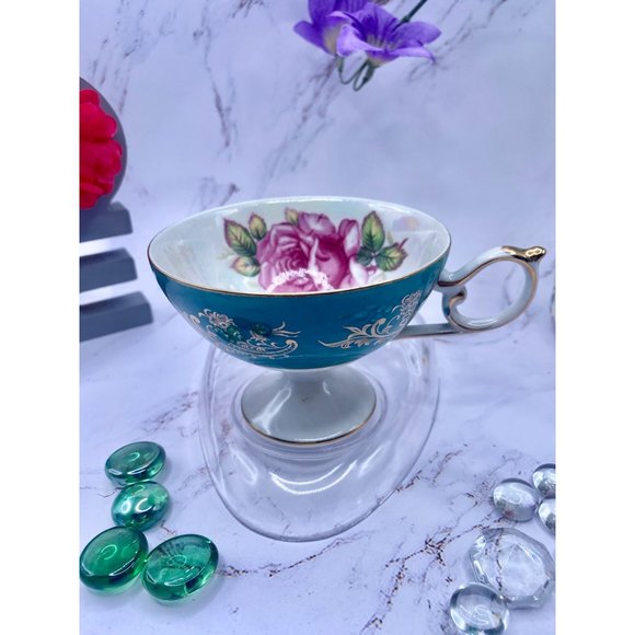 Royal Halsey teacup & filigree saucer Lusterware, green, hand painted, beautiful - Picture 11 of 12